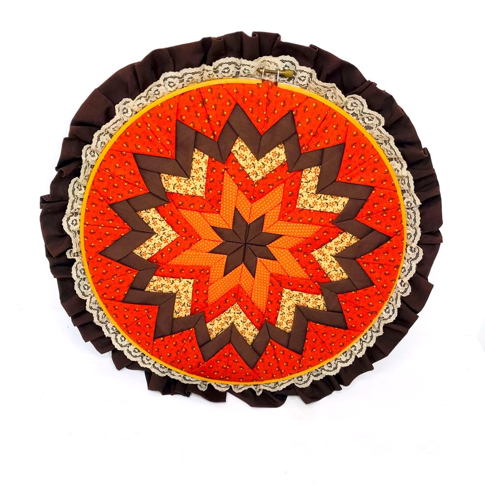Vintage QUILTED WALL ART Handmade 15"  Round Wooden  Embroidery Hoop Frame Quilt